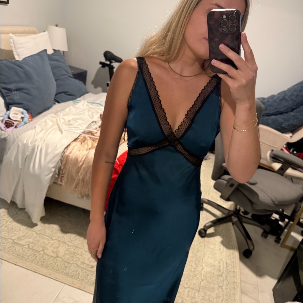 House of Harlow 1960 Teal Slip Dress with Black Lace Trim